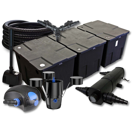 Set Filtro laghetto 90000l Chiarificatore 24W Pompa ECO 100W Tubo 25m Skimmer Pompa fontana