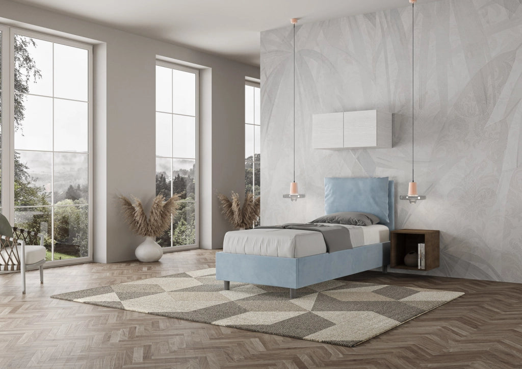 BS COM Letto singolo con rete imbottito 90x210 microfibra azzurro