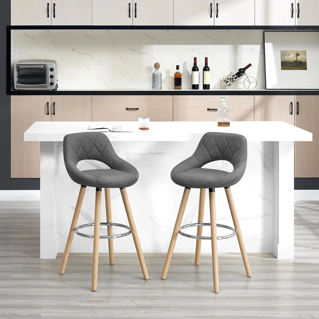 Sgabelli da Cucina Set di 4, Sgabello da Bar per Colazione, Sgabelli Alti con Poggiapiedi e Schienale, Sedile in Lino+Gambe in Legno, Grigio Scuro, BH111dgr-4