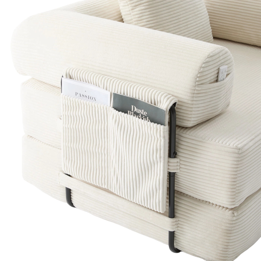 Divano modulare in corda beige con pouf, tasca laterale, 3 cuscini e struttura in metallo