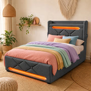 Letto singolo imbottito 90x200 cm con LED, USB-C e contenitore