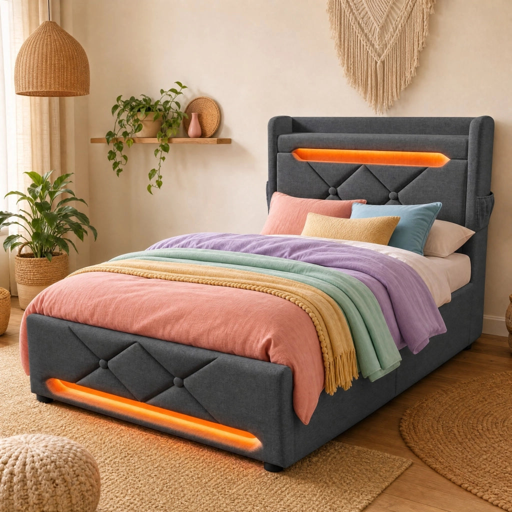 Letto singolo imbottito 90x200 cm con LED, USB-C e contenitore