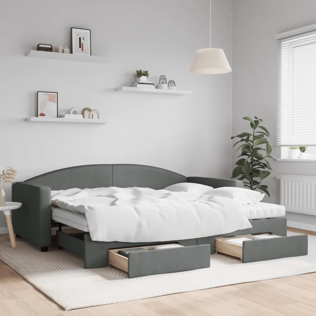 Divano Letto Estraibile Cassetti Grigio Scuro 90x200cm Tessuto