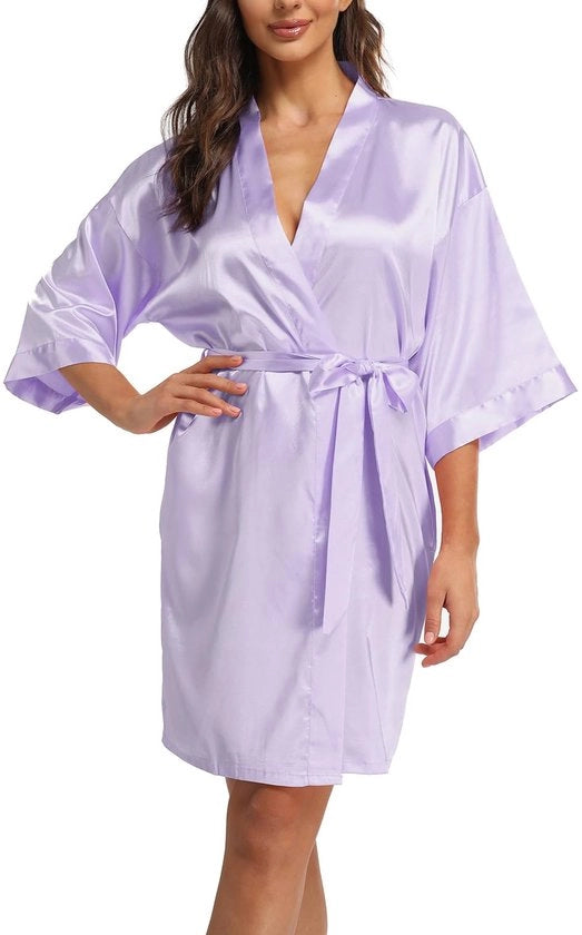 Kimono da notte per donna con tasche e cintura, V-collare, 3/4 manica, set da letto, abito da sposa, abito da sera, colore blu, modello senza marchio.