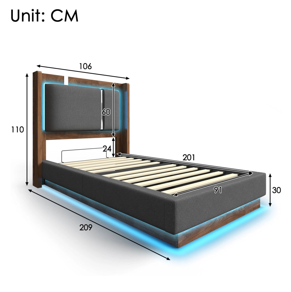 Letto singolo 90x200 cm con LED; contenitore idraulico e testiera imbottita in lino; grigio