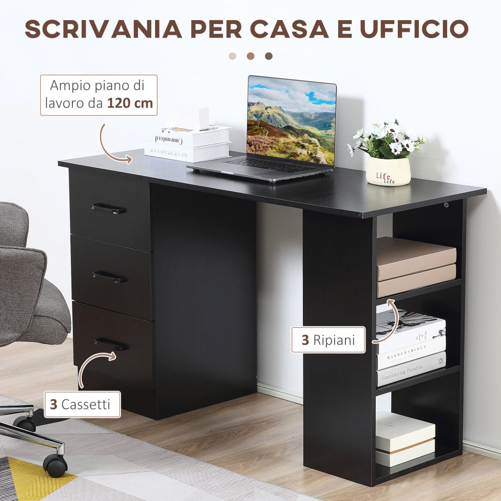 Scrivania Moderna in Legno con 3 Cassetti e 3 Ripiani per Camera e Ufficio, 120x49x72cm, Nero