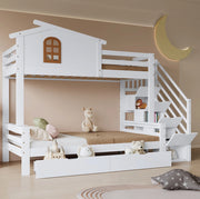 Letto a castello per bambini bianco e naturale con cassetti e scala ad angolo