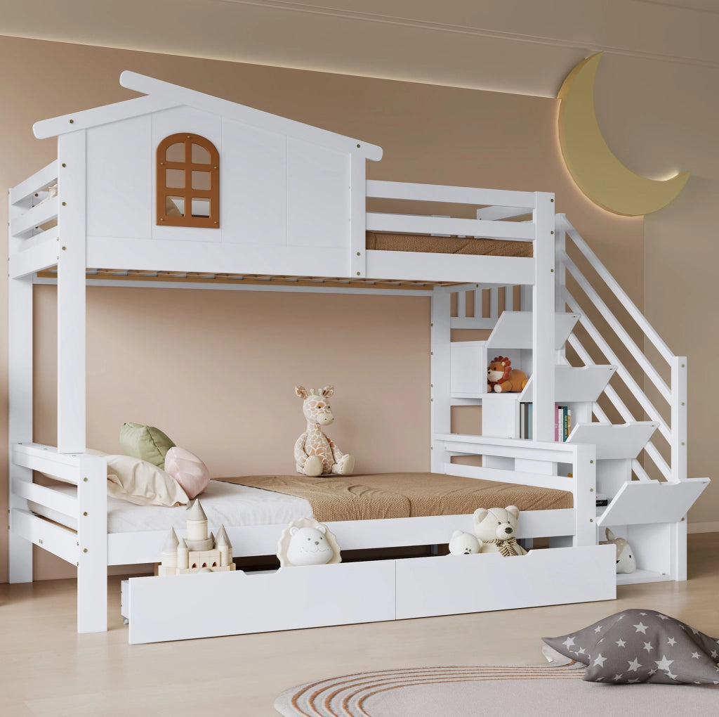 Letto a castello per bambini bianco e naturale con cassetti e scala ad angolo