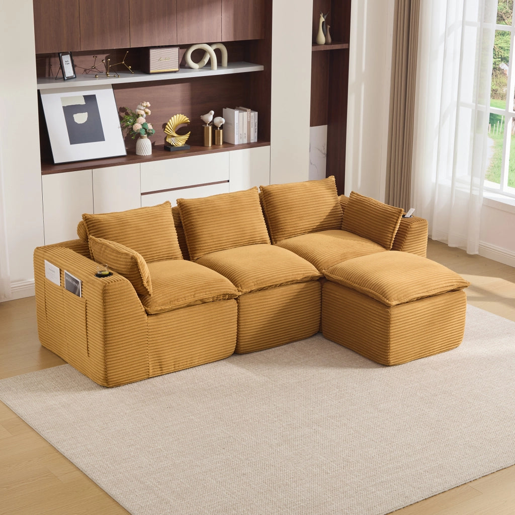Divano modulare 3 posti con pouf in velluto a coste arancione HAVRYA