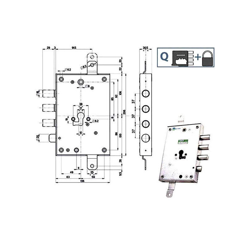 Serratura Sic.Triplice Dx Int 37 85571 Mottura
