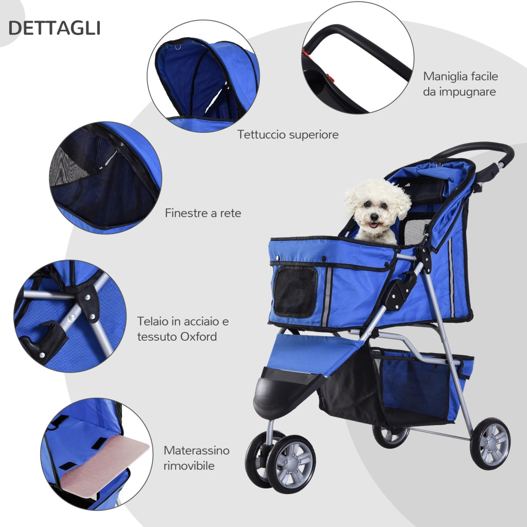EasyComfort Passeggino per Cani Piccoli Pieghevole, Carrozzina per Cani con Ruote con Freni, Portabicchieri, Cestino Portaoggetti e Imbottitura Rimovibile e Lavabile, per Animali Domestici 10 kg, Blu
