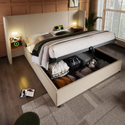 Letto matrimoniale 160x200 cm in lino beige con contenitore; lampada da lettura e porte USB Type-C