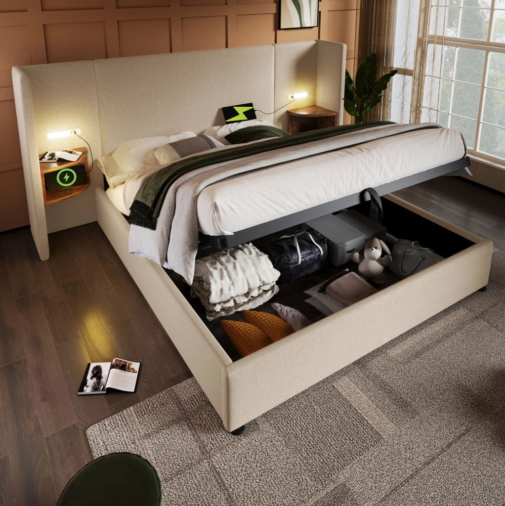 Letto matrimoniale 160x200 cm in lino beige con contenitore; lampada da lettura e porte USB Type-C