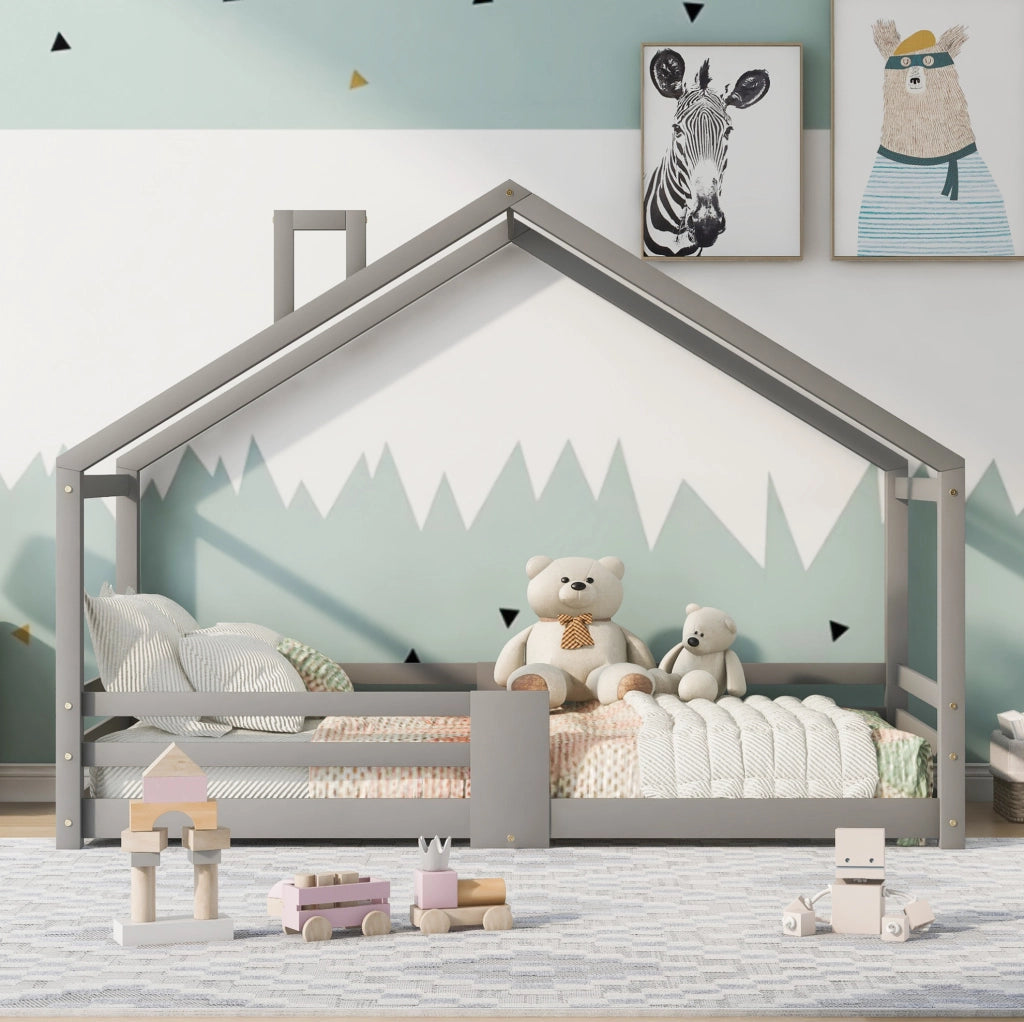 Lettino a casetta per bambini 90x200 cm in legno massello di pino; grigio