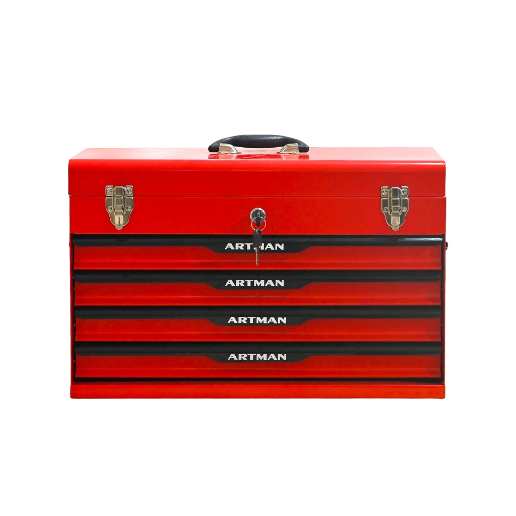 Baule da giardino in acciaio con 3 cassetti e vassoio superiore per officina e garage nero rosso 60 × 29,5 × 42,0 cm