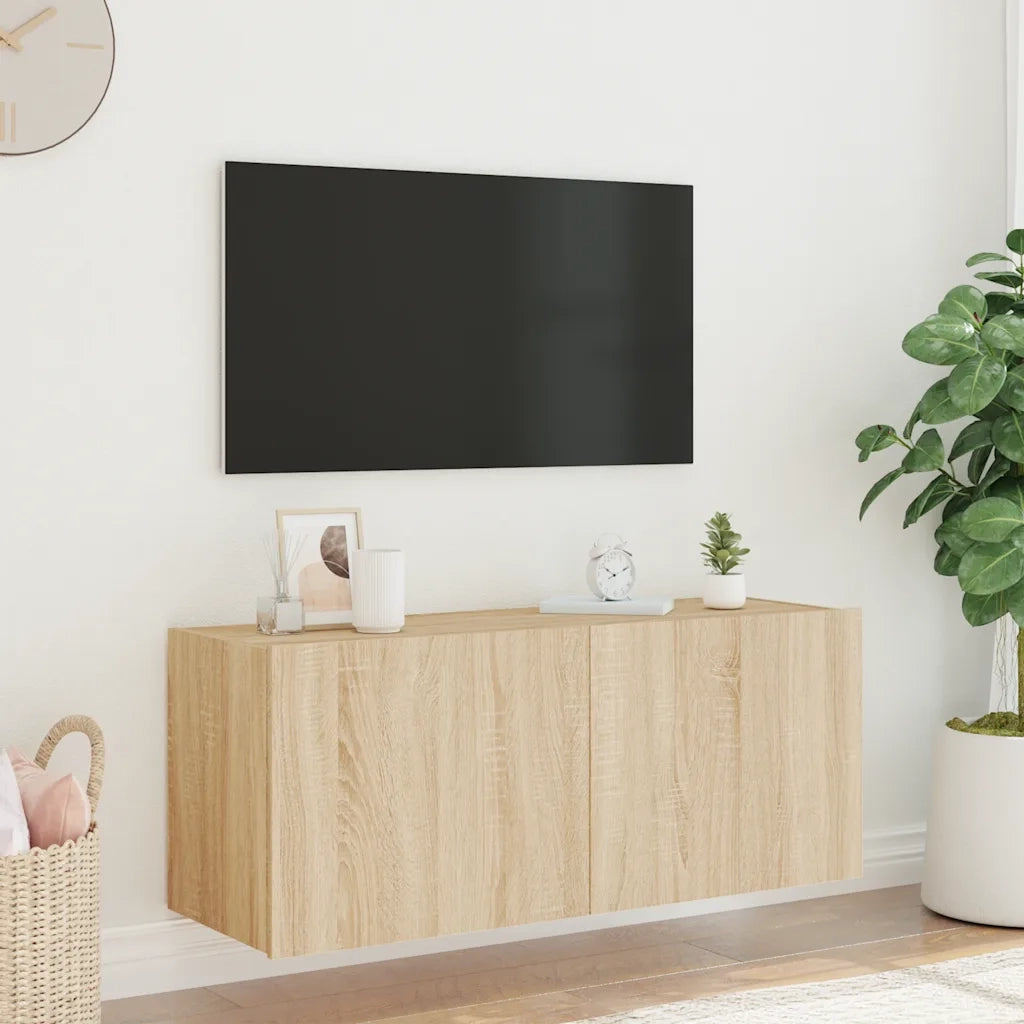 Mobile TV a Parete con Luci LED Rovere Sonoma 100x35x41 cm 837325
