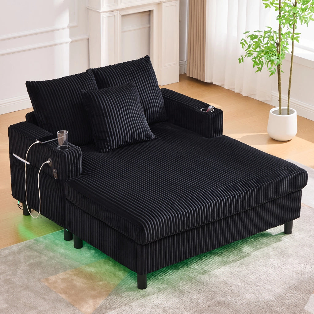 POLTRONA Relax 142x128x85 cm in corduroy nero con LED, USB e portabicchiere