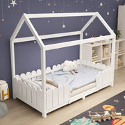 Letto a casa 90x200 cm bianco in legno massello con protezione anticasco e rete a doghe