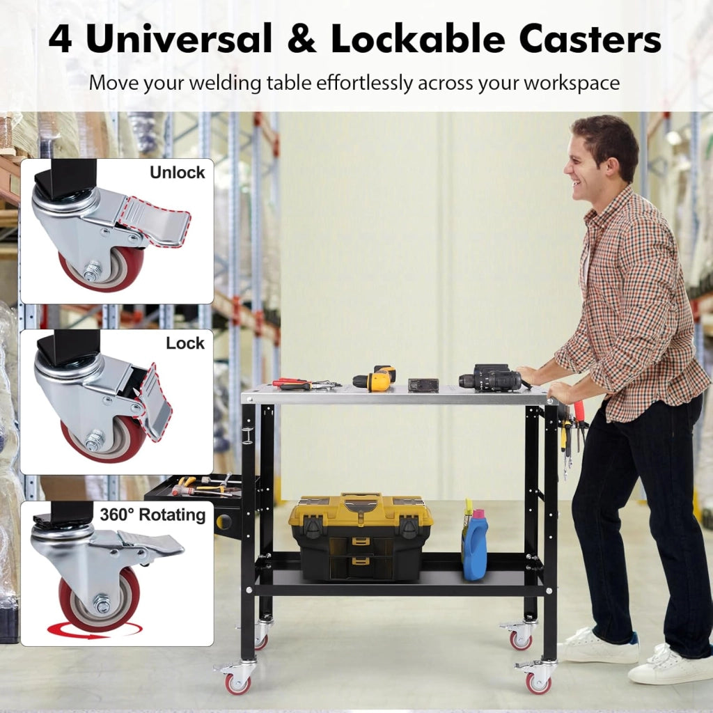 Carrello di servizio con ruote, carrello da officina per utensili con carico di 540 kg, carrello ausiliario in metallo con 8 fessure e 2 elementi di fissaggio per ugelli di saldatura, tavolo