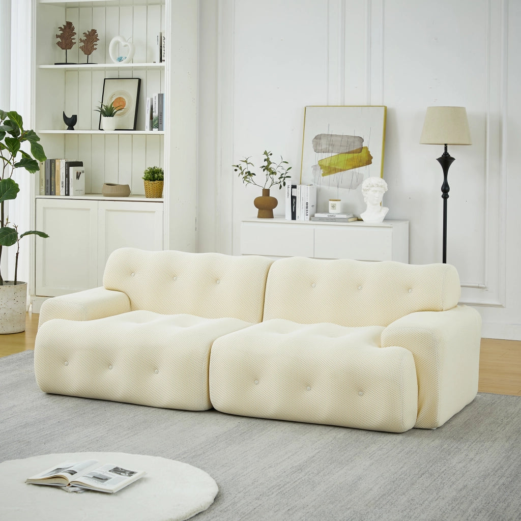 Divano a 2 posti in tessuto traspirante con braccioli larghi e supporto ergonomico beige 224 × 104 × 66 cm