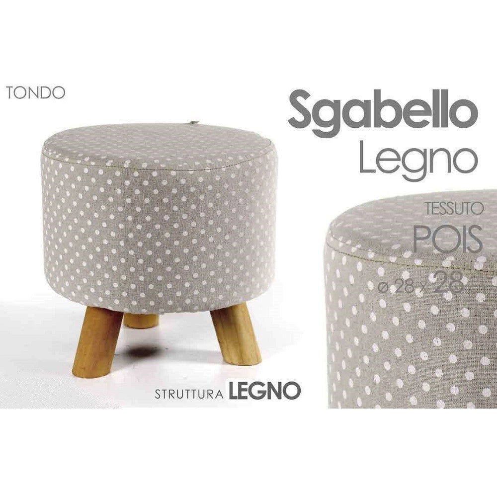 Trade Shop - Pouf Sgabello Poggiapiedi Tondo Struttura Legno Tessuto Pois Crema 28x28cm 823558 -