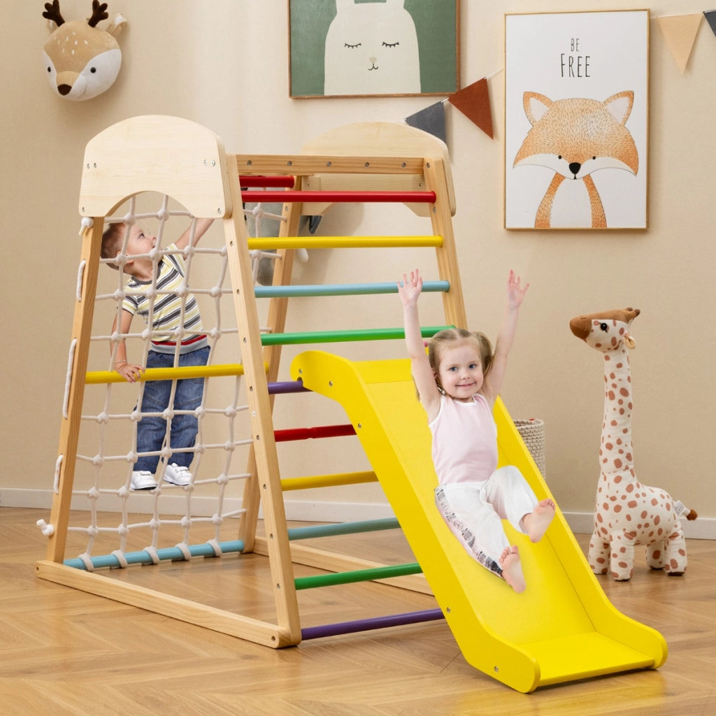 Set gioco da arrampicata in legno con ancoraggi al pavimento, Parco giochi con rampicata a doppia faccia Colorato-Arrampicate e scivoli