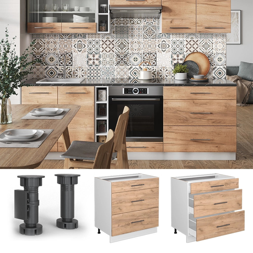 Mobiletto base per cucina Fame-Line Rovere dorato/Bianco 80 cm con 3 cassetti, senza piano di lavoro Vicco