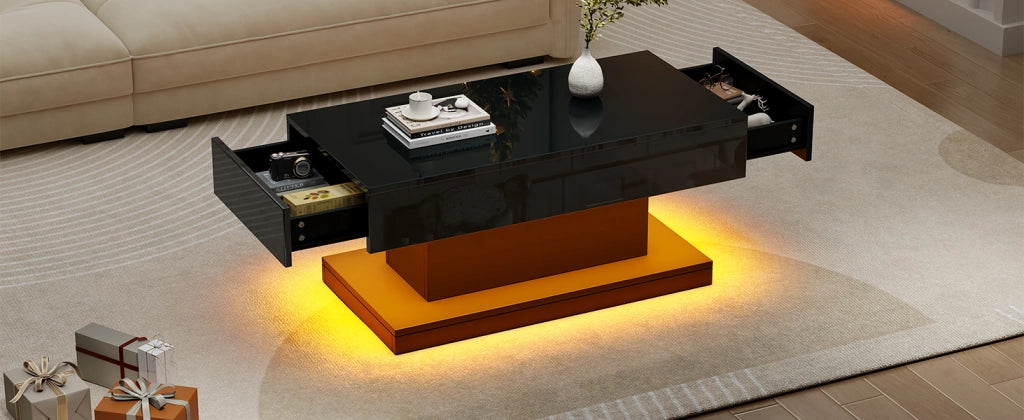 Tavolino da Caff¨¨ con LED e 2 Cassetti ¨C MINIMAL ¨C Nero Lucido, 100x50x45
