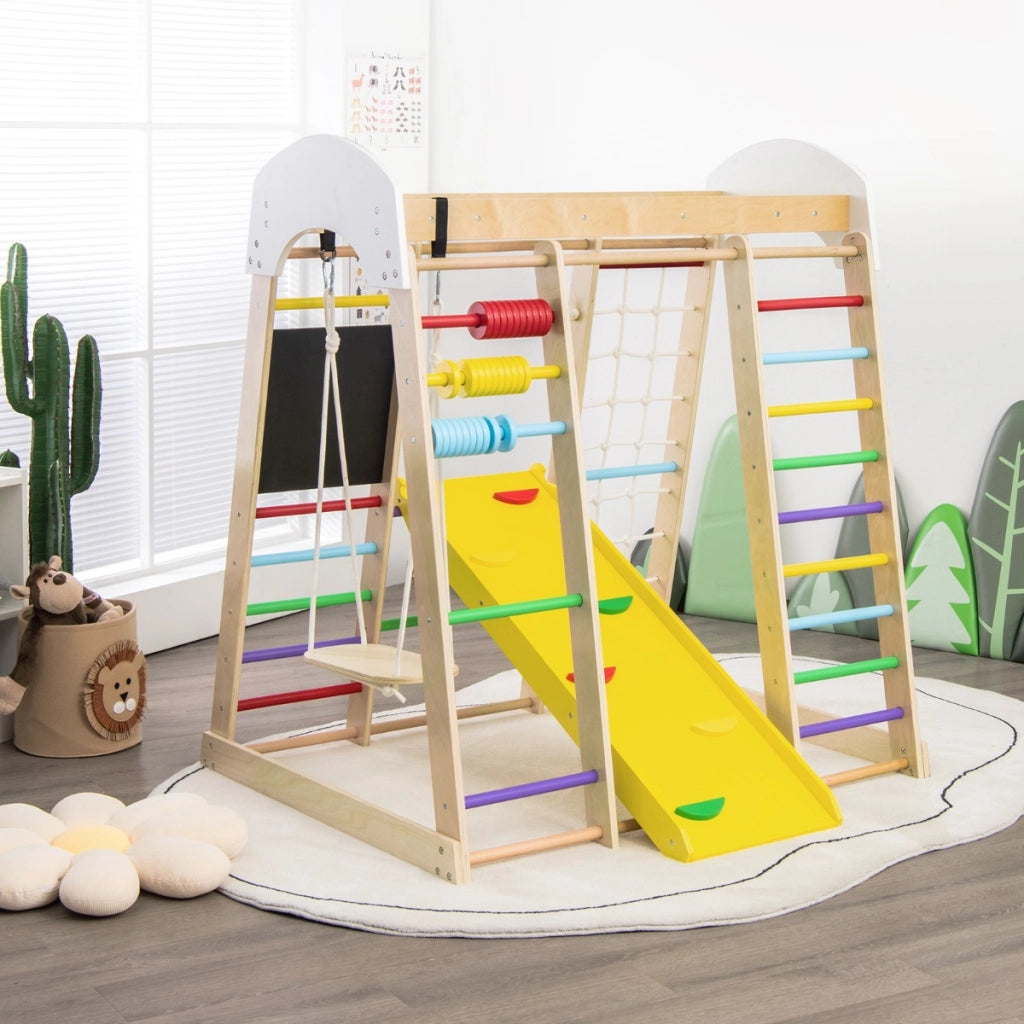 Set arrampicata 8 in 1 per bambini con abaco e altalena-Set arrampicata di legno con scivolo e scala Colorato-Arrampicate e scivoli