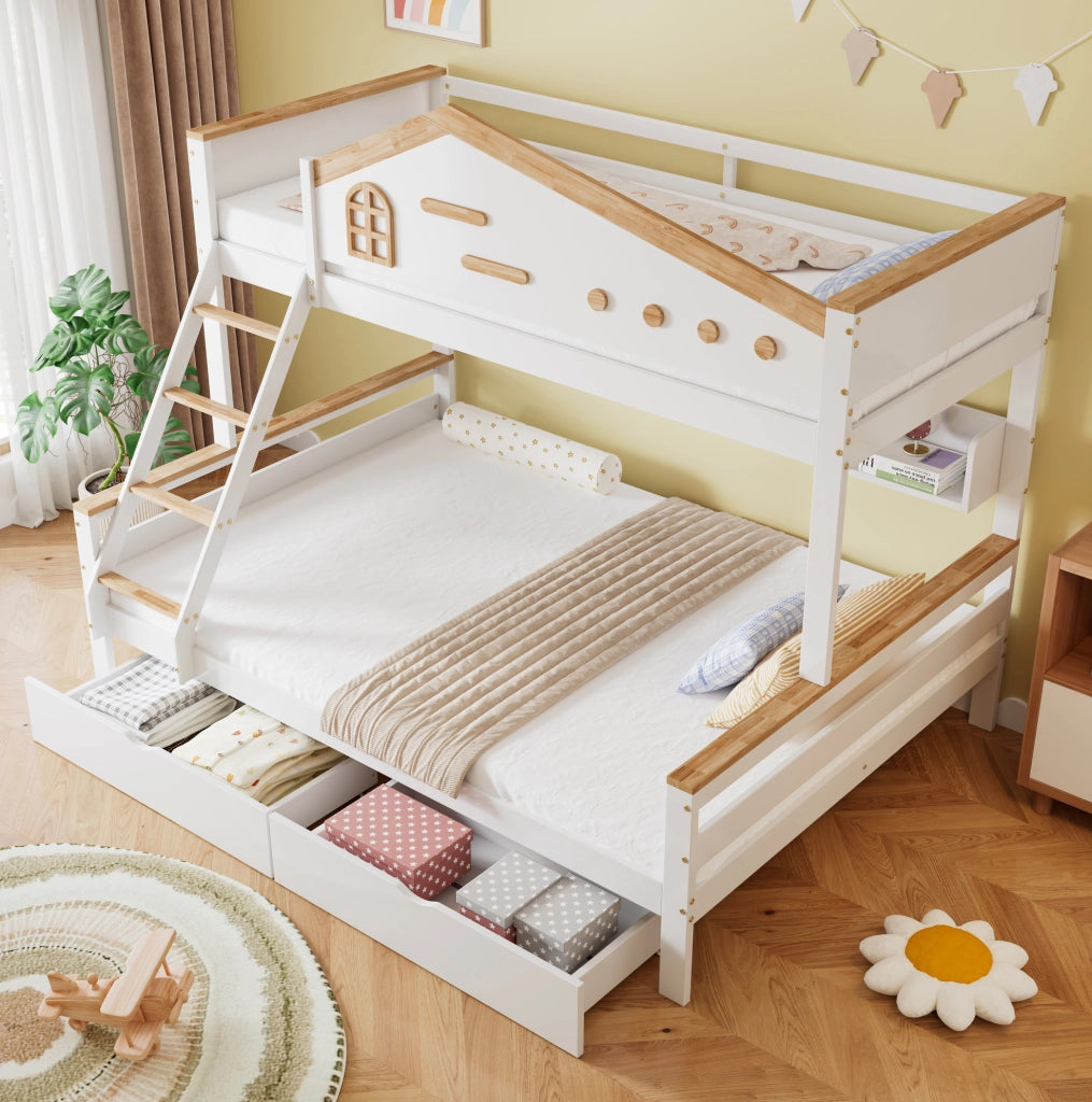 Letto a castello per bambini 90x200 e 140x200 cm con cassetti; scaffale aperto; legno e MDF bianco e naturale