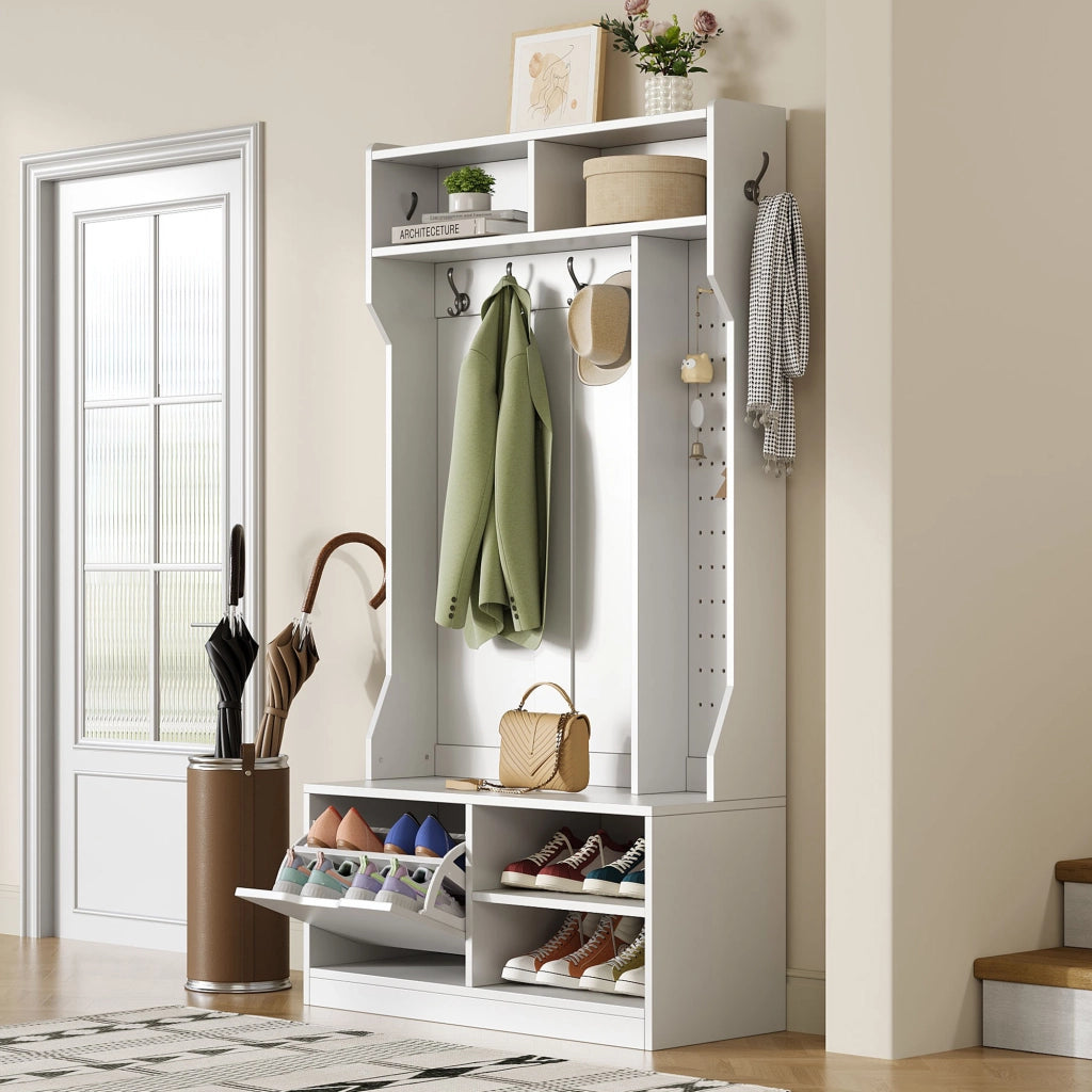 OKWISH Mobile da Ingresso con Panca, 6 Ganci, Vani Aperti e Scarpiera Ribaltabile, Bianco, 100 x 40 x 185.5 cm
