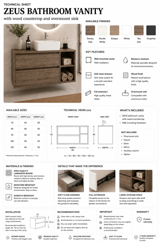 Mobile bagno con top in legno e lavabo da appoggio ORIGENBATH ZEUS senza specchio 80x45 cm Destra bianco nordico