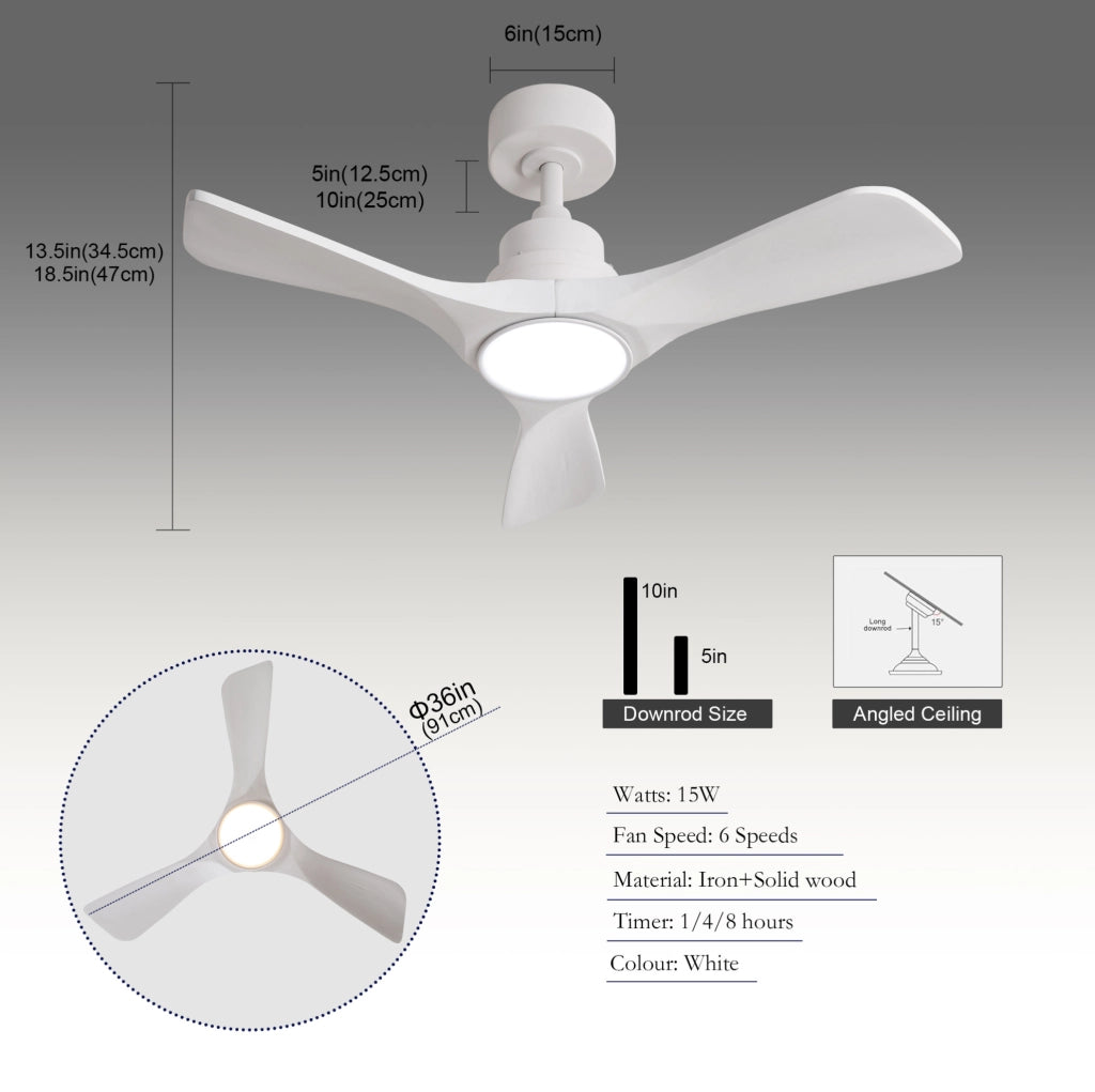 Ventilatore da soffitto 36 pollici con luce LED; 3 pale in legno; bianco
