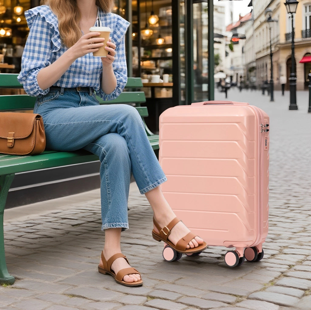 Set Valigia Rigida ABS 19" e 14" Rosa con Ruote Girevoli e Beauty Case 14"