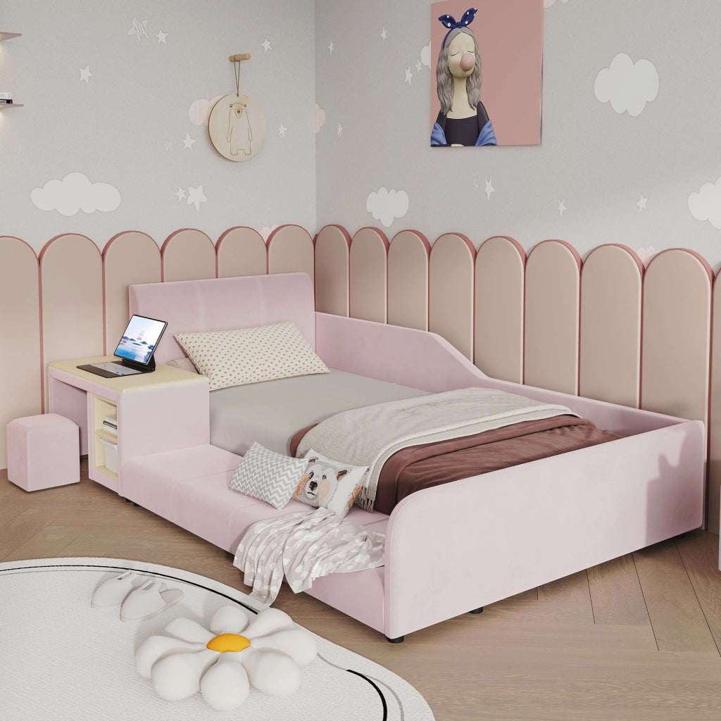 Letto per bambini 90 × 200 cm con scrivania, sgabello et ripiano, senza materasso, in velluto, rosa