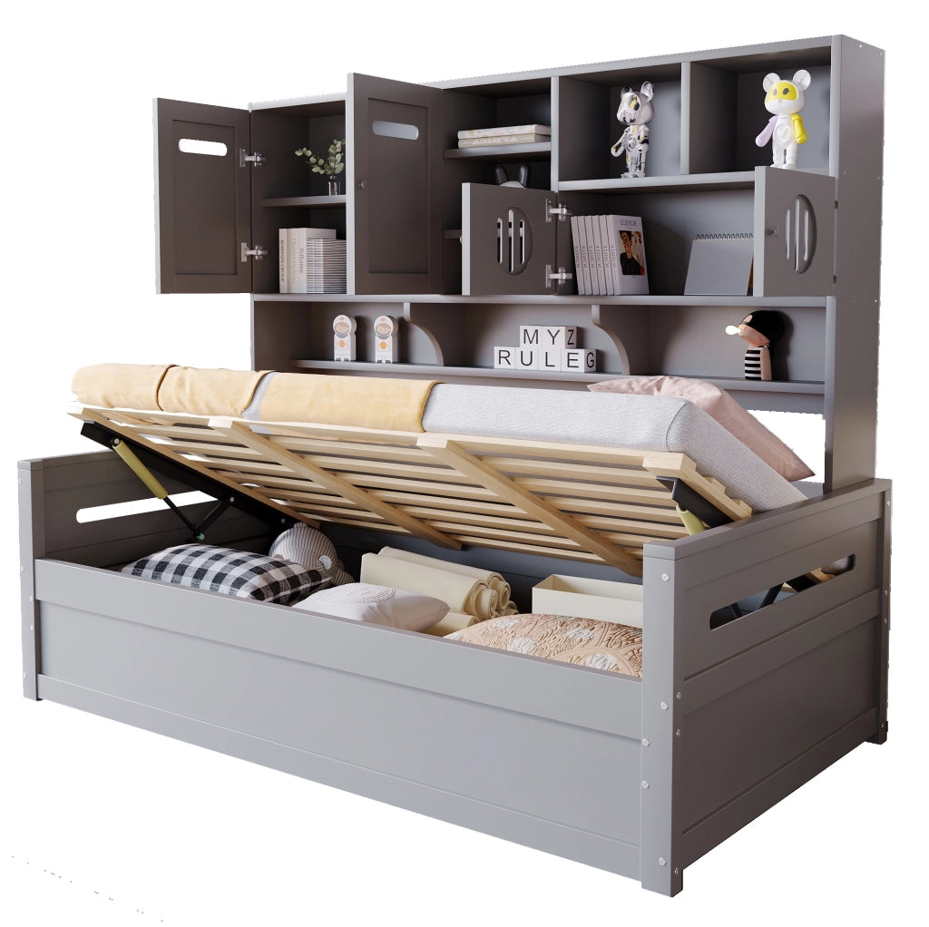Divano letto singolo 90x200 cm con contenitore idraulico; in legno; grigio