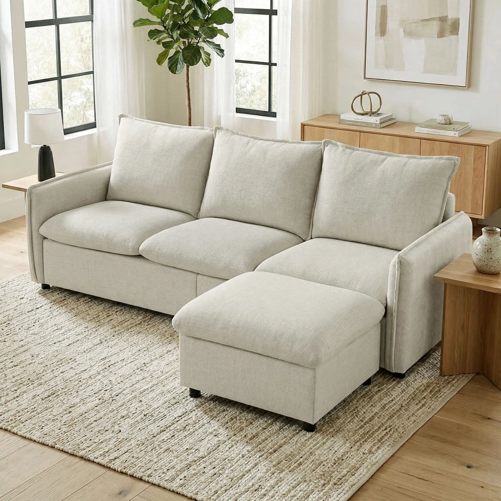 Divano Angolare 3 Posti con Pouf Contenitore ¨C Zephmum ¨C Tessuto Lino, Cr¨¨ma, 212 cm