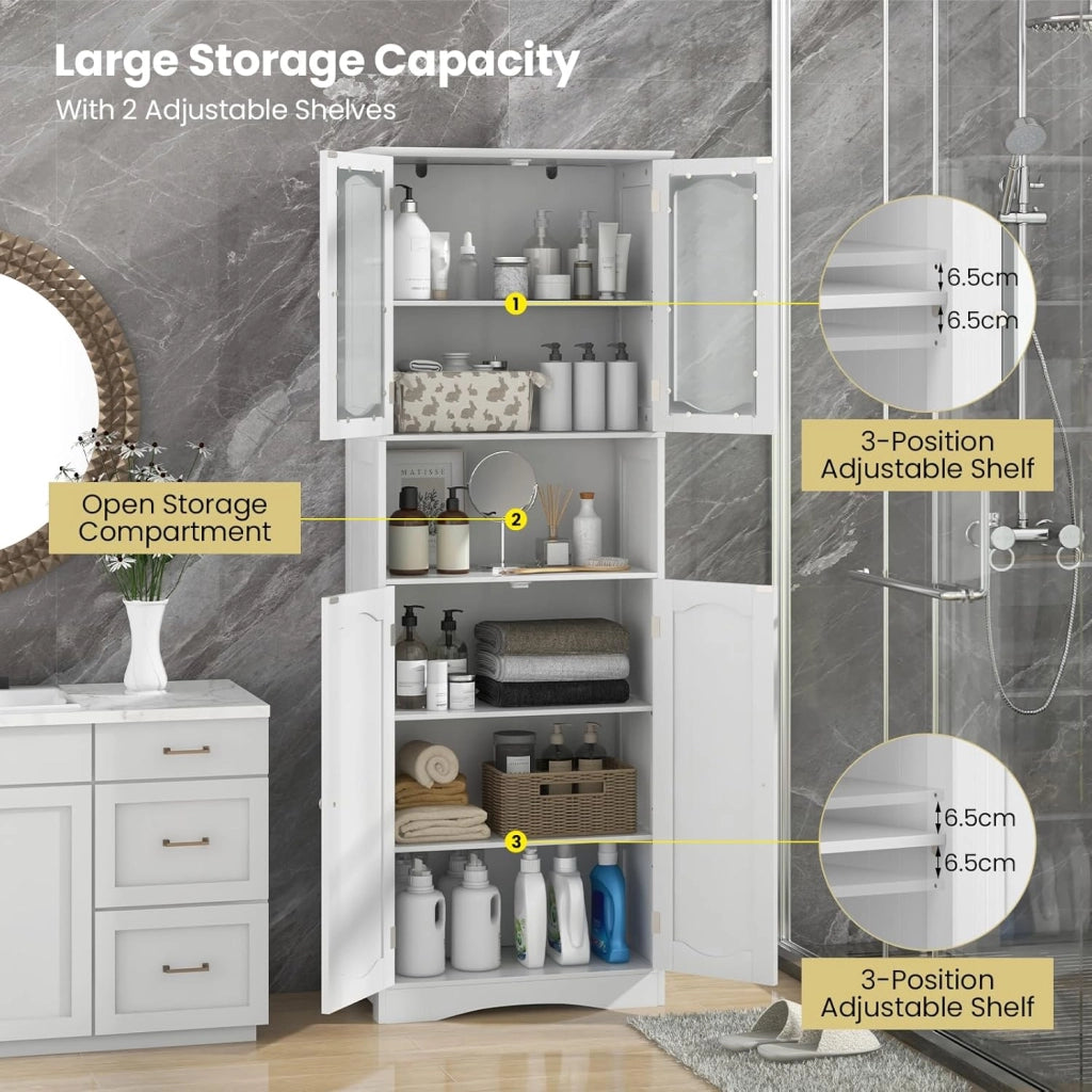 Armadio Alto da Bagno con Ante in Vetro Temperato, Ripiani Regolabili, Kit Anti-Ribaltamento, per Bagno, Soggiorno, Sala da Pranzo e Cucina, 60x30x164 cm (Bianco)