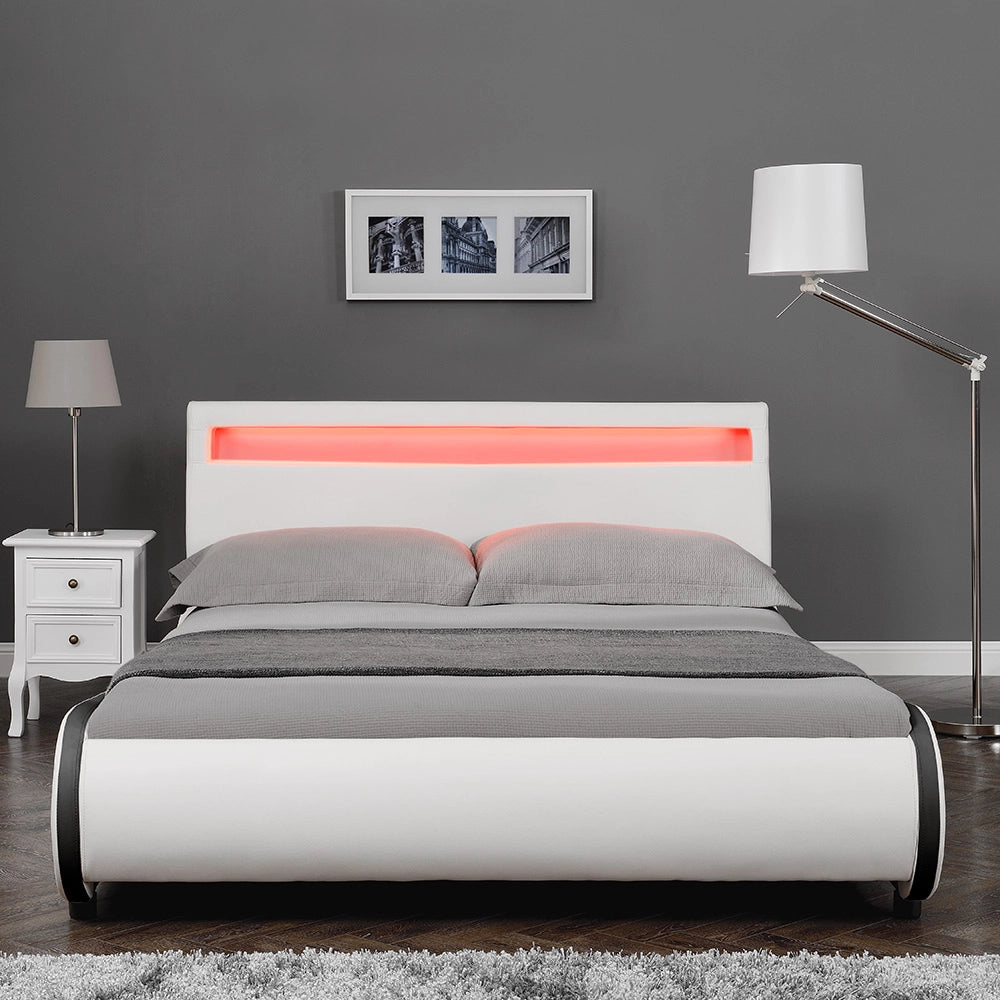 Letto Francese Imbottito Curvo 140x200 cm Testiera Alta con Illuminazione a LED Similpelle Bianco Corium
