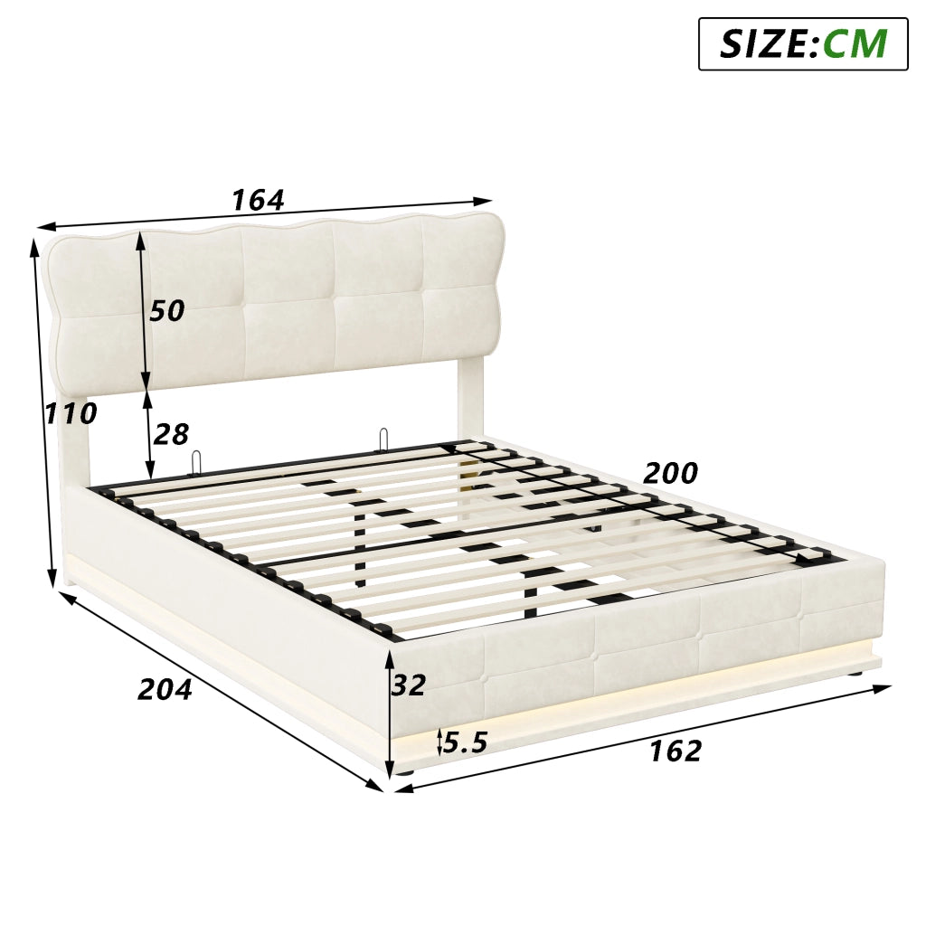Letto matrimoniale 160x200 cm con contenitore testiera regolabile e illuminazione LED struttura letto matrimoniale in metallo legno e velluto - beige