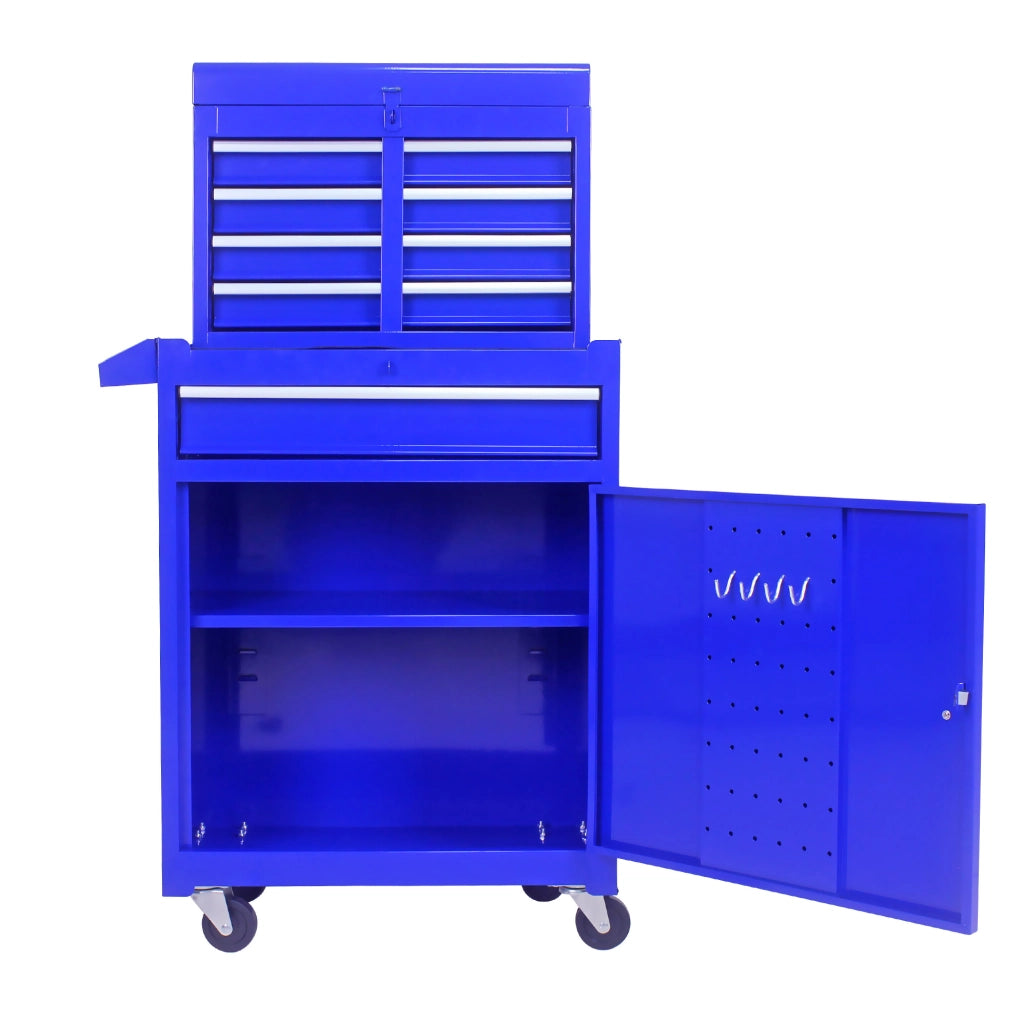 Armadio portautensili blu in acciaio con ruote e ripiano regolabile