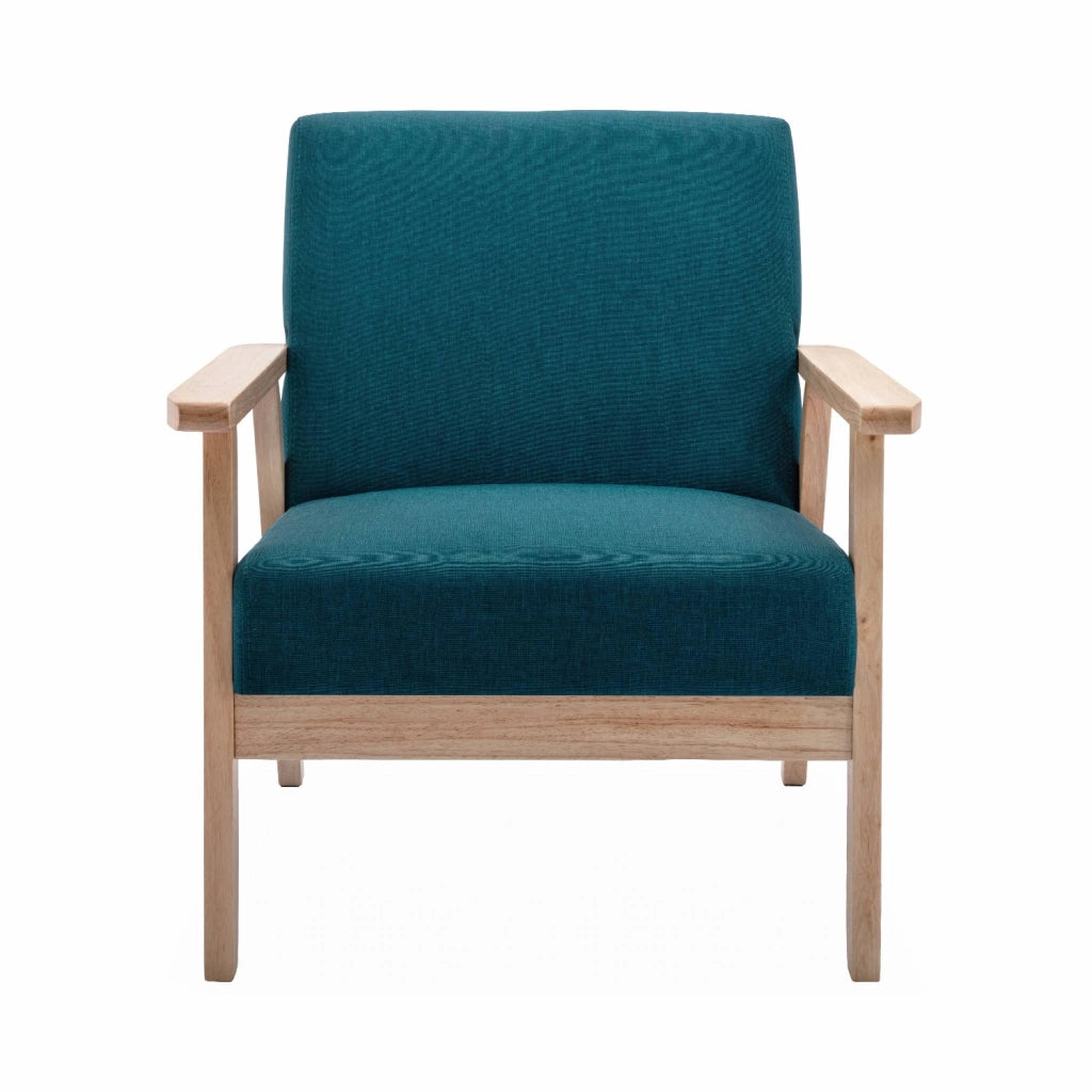 Poltrona scandinava in legno e tessuto, blu smeraldo