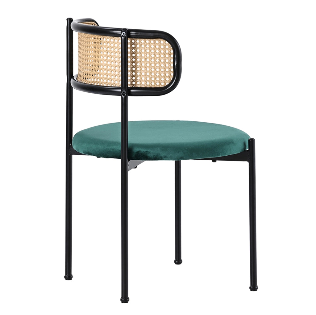 Set di 4 sedie da pranzo in velluto verde con schienale in rattan e gambe in metallo