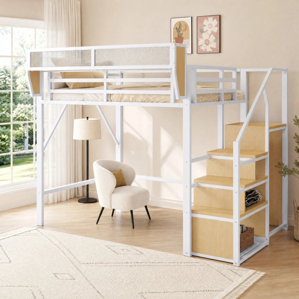 LETTO A SOPPALCO 140x200 cm in metallo Bianco con scala di sicurezza e ripiano