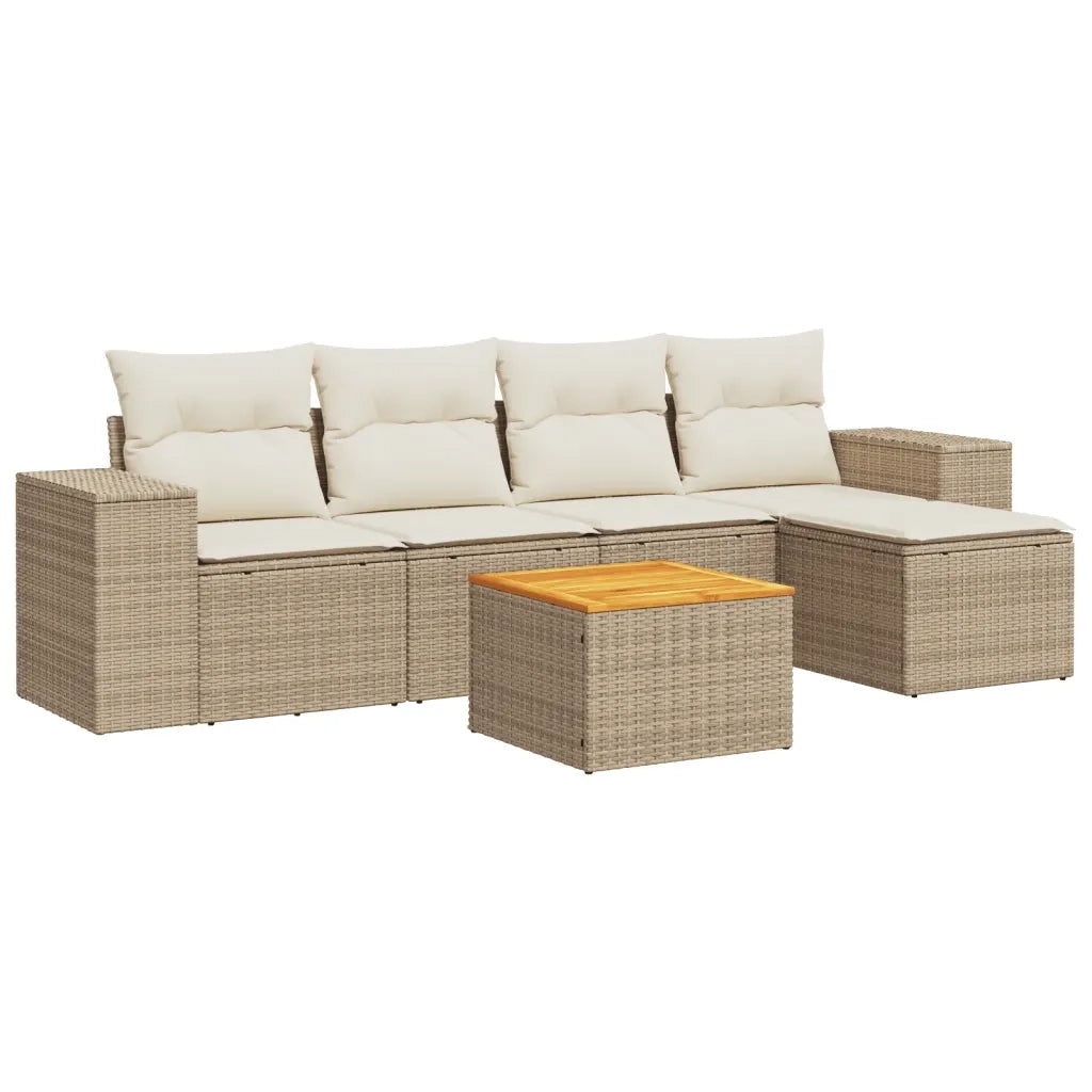 Set Divano da Giardino 6 pz con Cuscini Beige in Polyrattan