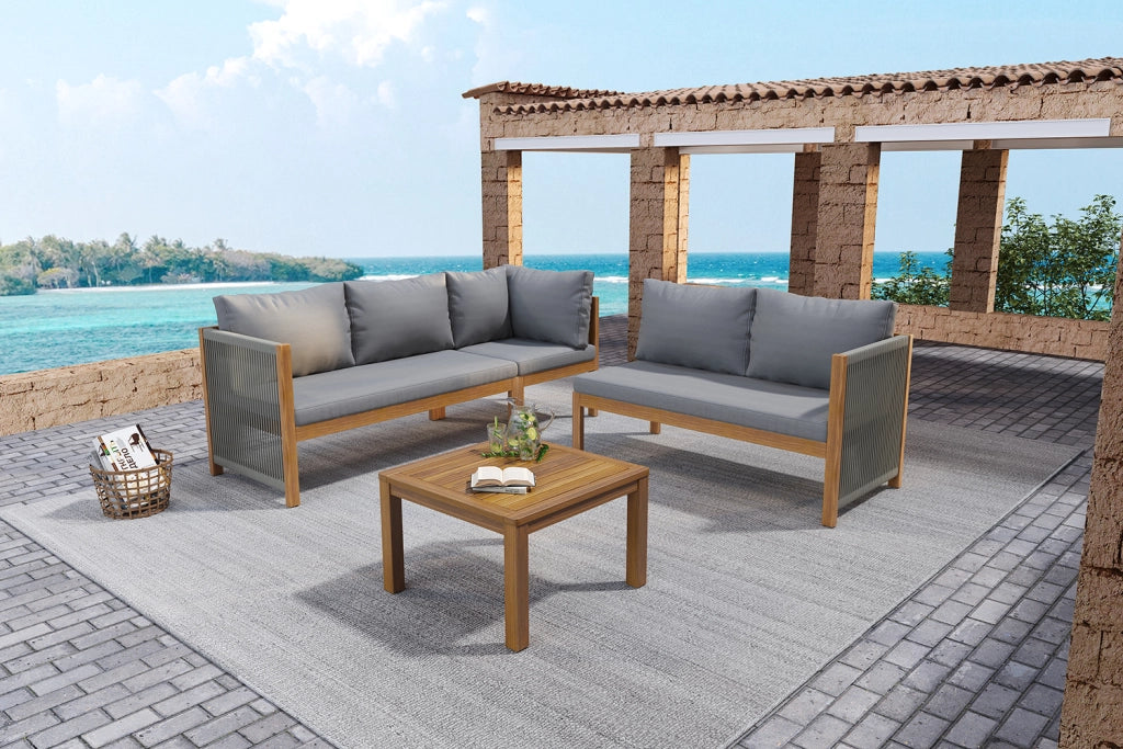 Set mobili giardino: Divanooo angolare + tavolino caff cat; acacia; corda intrecciata; grigio