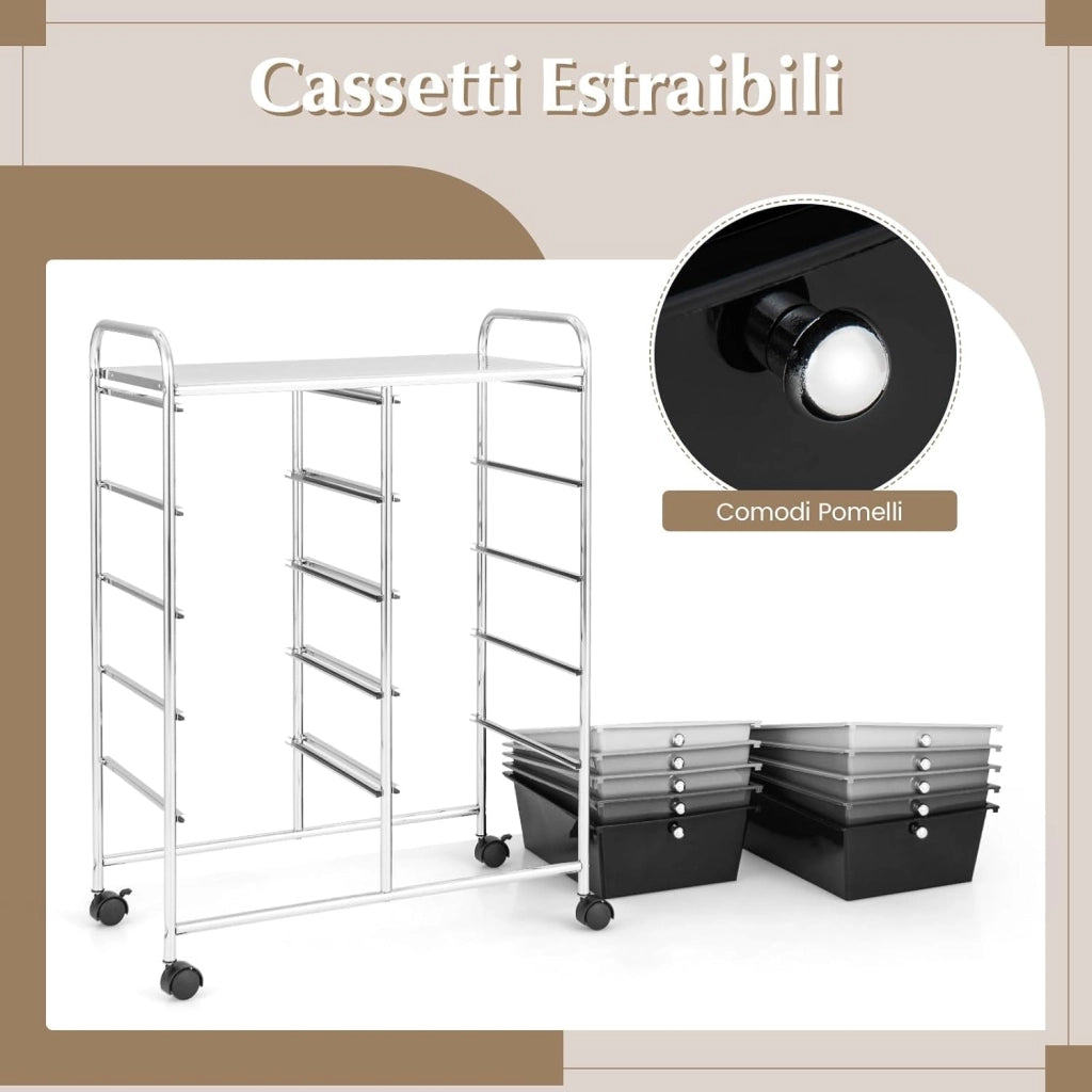 Carrello a 10 Cassetti con Ruote, Carrello di Stoccaggio con Stabilità Elevata, Carrello Multiuso per Casa Ufficio e Scuola, 65,5 x 37 x 87 cm (Sfumatura nera)