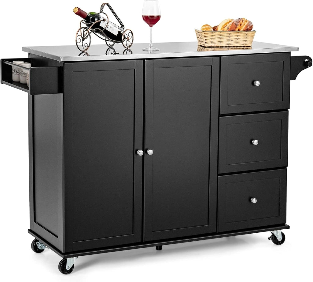 Carrello da cucina con piastra in acciaio inox, armadio da cucina con ruote, isola da cucina mobile con 3 cassetti e ripiani regolabili, carrello da portata in legno, carrello da cucina, 135 x