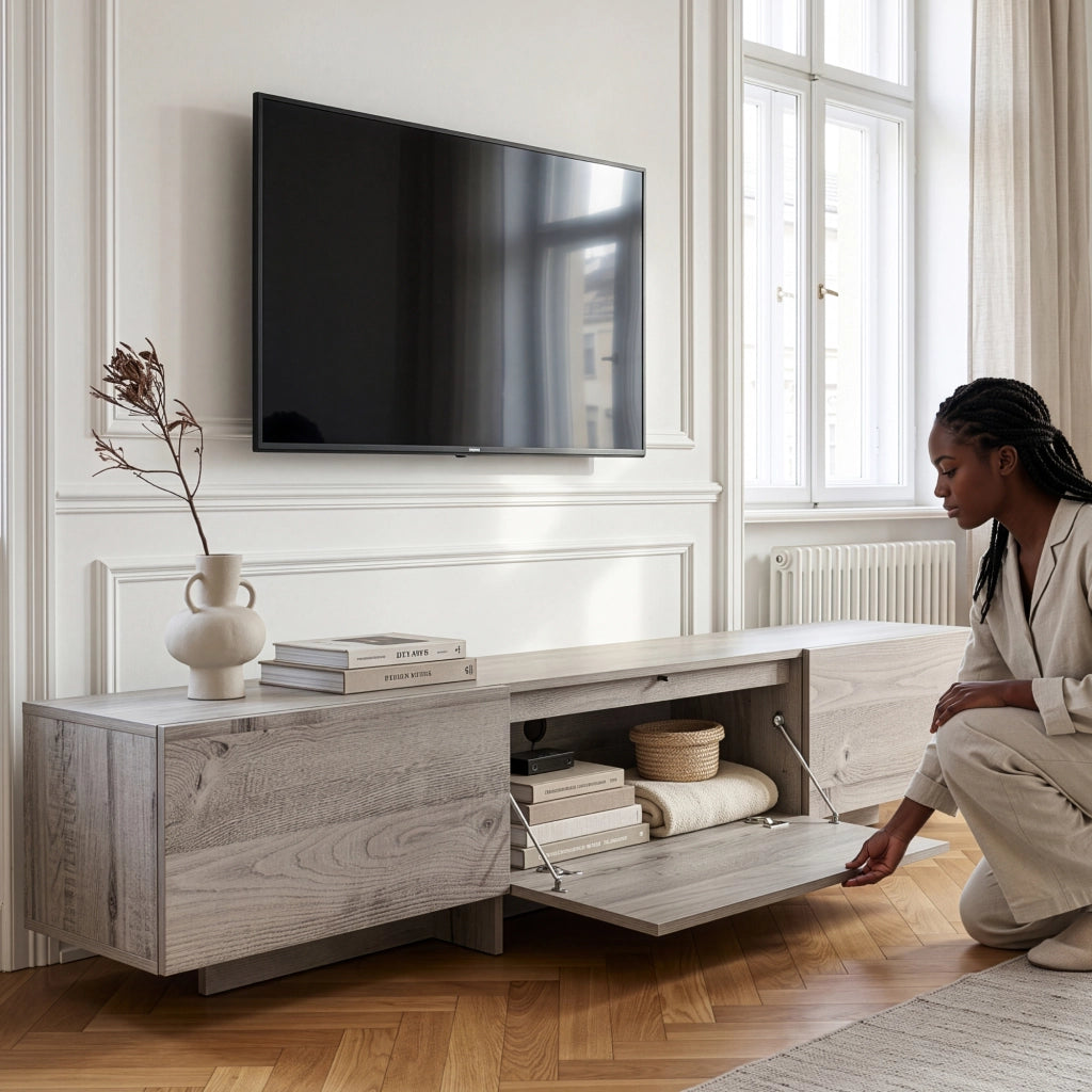 Mobile porta TV Kapipimso con Ante a Ribalta - Effetto Rovere, Grigio [en.casa]