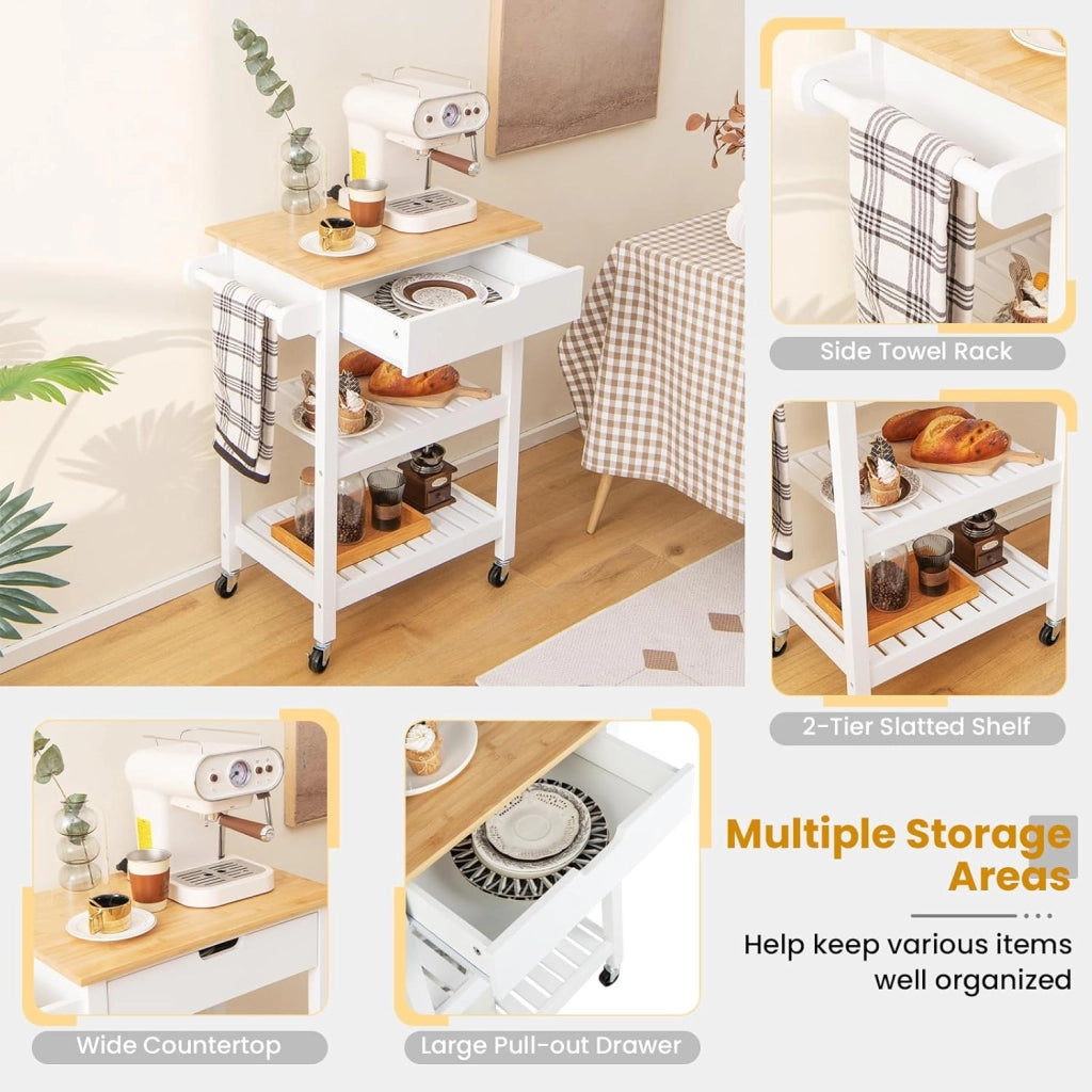 Carrello da Cucina, Carrello Cucina con Cassetti e Piano di Lavoro, Carrello da Cucina con Ruote, Carrellino Portaoggetti Multiuso, Portaoggeti in Bambù (Bianco)